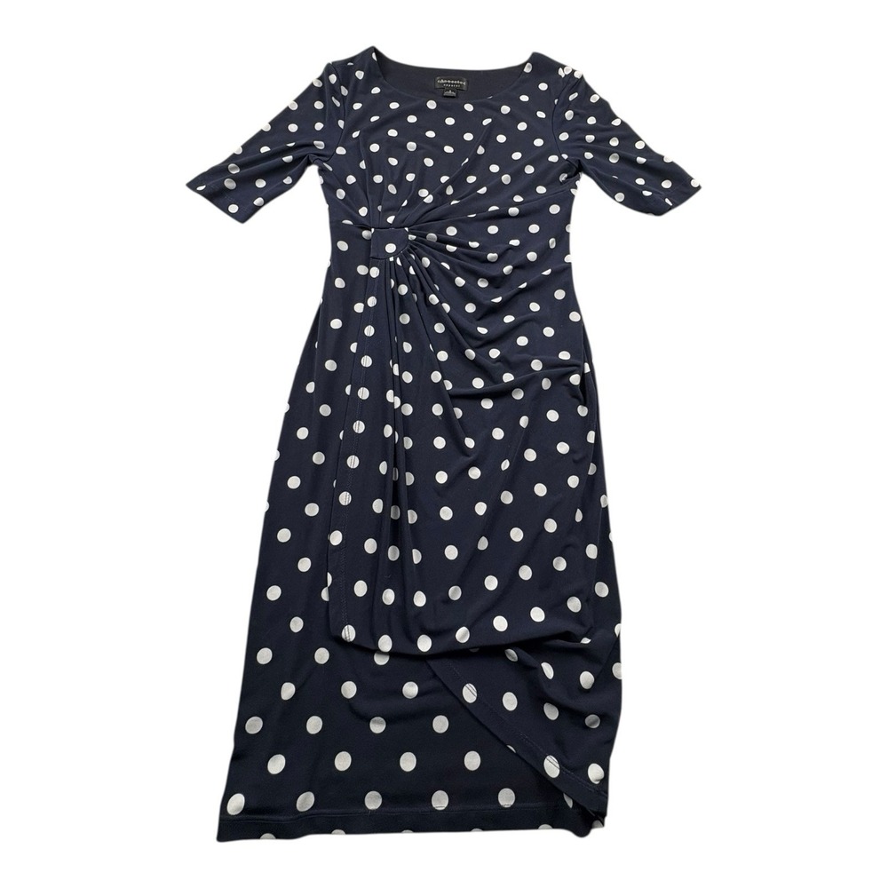 Connected Apparel Navy Polka Dot Twist Front Midi Dress Size 8 Stretch